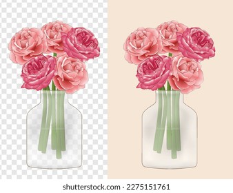 set of rose flower and peony in bouquet vase