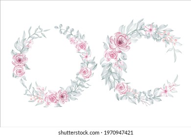 Set of rose flower watercolor frame wreath design pink and white bouquet flower valentine