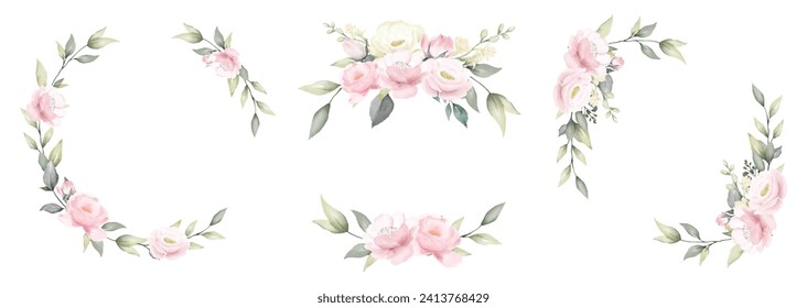 Set of rose flower watercolor frame pink and white bouquet flower design vector.