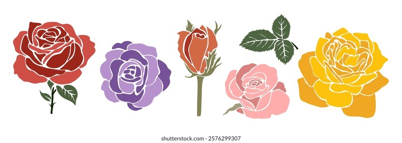 Set of rose flowers with different colors and sizes, red, yellow, purple, pink roses with steam and green leaves. Colorful flat vector illustrations, clipart isolated on white background