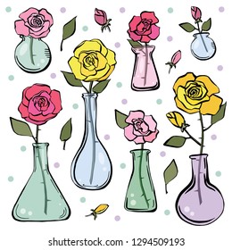 Set of rose flowers in medical test tubes. Botanical illustration. Nice design.