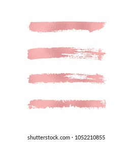 Set Rose foil texture brush stroke. Smudge glitter pink, sparkle glossy paint on the white background. Vector illustration
