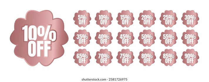 Set of rose gold flower shaped labels with different discount percentages. 5, 10, 15, 20, 25, 30, 35, 40, 45, 50, 55, 60, 65, 70, 75, 80, 85, 90 percent off.