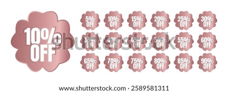 Set of rose gold flower shaped labels with different discount percentages. 5, 10, 15, 20, 25, 30, 35, 40, 45, 50, 55, 60, 65, 70, 75, 80, 85, 90 percent off.