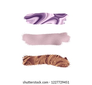 Set rose gold foil and marble textures, brush paint stroke. Smudge glitter pink, sparkle glossy paint on the white background. Vector illustration
