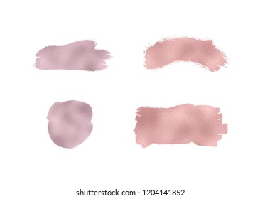 Set rose gold foil texture brush paint stroke. Smudge glitter pink, sparkle glossy paint on the white background. Vector illustration
