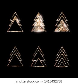 A set of rose gold geometric Christmas trees made of triangles. Golden Glitter. For Xmas and Happy new year. Vector illustration on black background. Glowing and shimmering golden confetti.