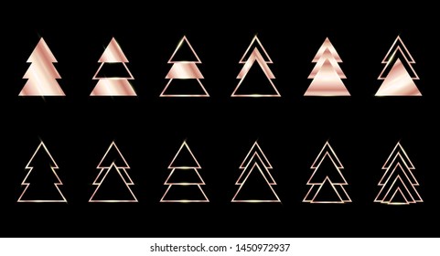 A set of rose gold geometric Christmas trees made of triangles. Contour gold. For Xmas and Happy new year. Vector illustration on black background. Glowing and shimmering gold.
