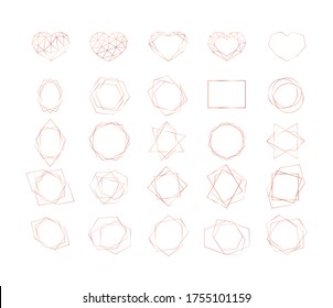 Set of rose gold geometric polygonal shapes. Vector frames for wedding invitation cards or other brochures