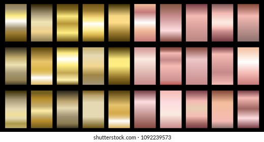 Set of rose and gold gradients. Collection of colored shiny textures. Vector illustration.