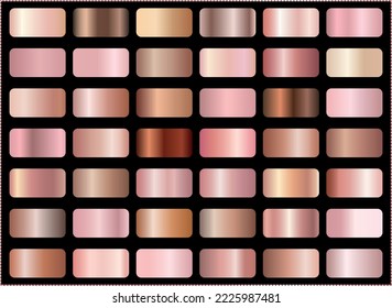 Set of rose gold gradients collection. Foil texture backgrounds. Elegant, shiny and bright gradient collection for chrome button, frame, ribbon, border, label design.