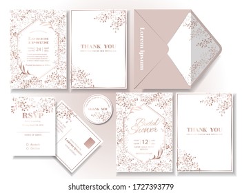 Juego de tarjetas de invitación a la boda de la hoja de oro de Rose. Sobre. Dulce, elegante, adecuado para recién casados. Ilustración/vector