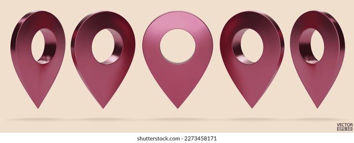 Set of rose gold map pointer isolated on beige background. Pink location pin or navigation. 3D Locator mark of map pointer, symbol, position. 3D vector illustration.
