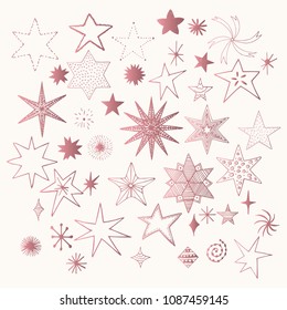 Set of rose gold stars. Sparkle vector sketch.