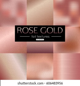 Set of rose gold vector gradients collection. Pink foil texture metallic for banner, background, frame design.
