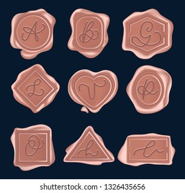 Set Of Rose Gold Wax Seal Stamps Set With Hand Lettered Signs. Vector Vintage Wax Stamps Isolated On Navy Blue Background.