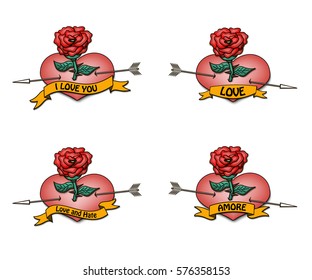 Set Rose with a heart pierced by an arrow and ribbon with the inscription. Vector illustration