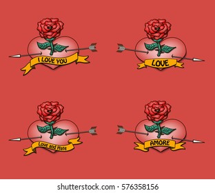 Set Rose with a heart pierced by an arrow and ribbon with the inscription. Vector illustration