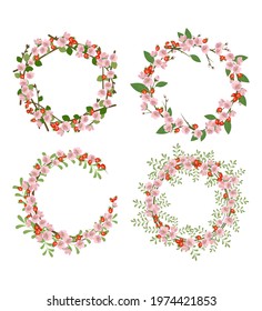 Set of rose hip wreath. Round frame, cute pink flowers and red fruits. Festive decorations for wedding, holiday, postcard, poster and design. Vector flat illustration