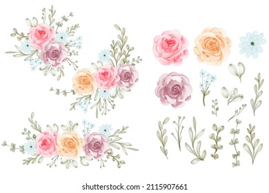 Set of Rose Purple Flower Isolated Floral Leaves Clipart