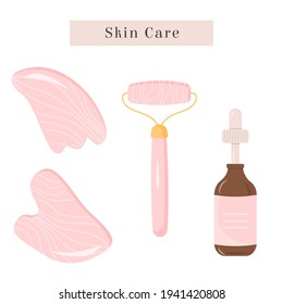 Set of Rose Quartz Gua Sha and natural Jade roller. Scraping massage tool. Natural pink stone scraper. Serum face oil bottle. Natural anti-aging facial lifting. Trendy skin care method. Vector flat.