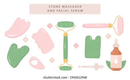 El establecimiento se encuentra en Rose Quartz Gua Sha y en el roller natural Jade. Herramienta de masaje de saltos. Raspador natural de piedra rosa y verde de diferentes formas. Frasco de aceite de cara sérica con cuentagotas. Cuidado de piel de moda. Vector plano.