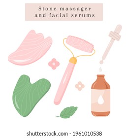 Set of Rose Quartz Gua Sha and natural Jade roller. Scraping massage tool. Natural pink and green stone scraper. Serum face oil bottle with dropper. Anti-aging facial lifting. Trendy skin care method.