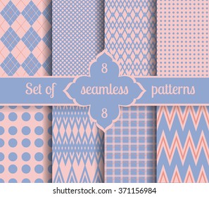 Set rose quartz and serenity geometric Patterns.  2016 colors of the year. Vector illustrations.