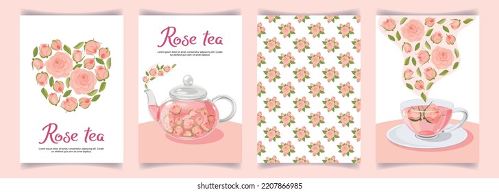 Set of rose tea backgrounds with cup, teapot, flowers and leaves, hart of roses, pattern. Floral background, herbal tea, tea time. Card, poster, invitation, flyer for promotion, advertizing