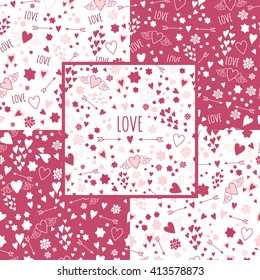 Set of rose and white seamless patterns with hearts and arrows. Seamless heart patterns with love lettering. Hand drawn seamless heart patterns with flowers.