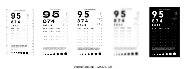 Set of Rosenbaum Pocket Vision Screener Eye Test Chart medical illustration with numbers. Line vector sketch style outline isolated on white, black background. Vision board optometrist ophthalmic
