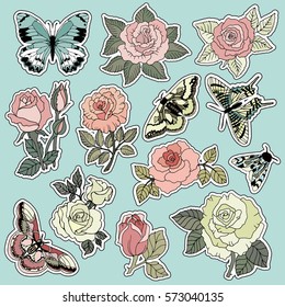 Set of roses and butterfly patches elements. Set of stickers, pins, patches and handwritten notes collection in cartoon 80s-90s comic style.Vector stikers kit