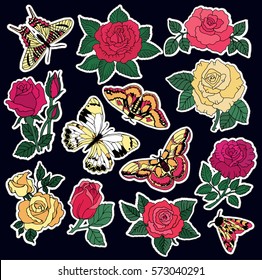 Set of roses and butterfly patches elements. Set of stickers, pins, patches and handwritten notes collection in cartoon 80s-90s comic style.Vector stikers kit