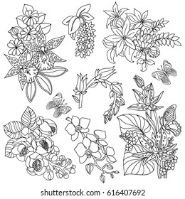 Set of roses and butterfly patches elements. Set of stickers, pins, patches and handwritten notes collection in cartoon 80s-90s comic style.Vector stikers kit