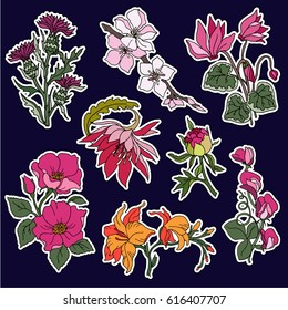 Set of roses and butterfly patches elements. Set of stickers, pins, patches and handwritten notes collection in cartoon 80s-90s comic style.Vector stikers kit
