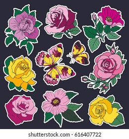 Set of roses and butterfly patches elements. Set of stickers, pins, patches and handwritten notes collection in cartoon 80s-90s comic style.Vector stikers kit