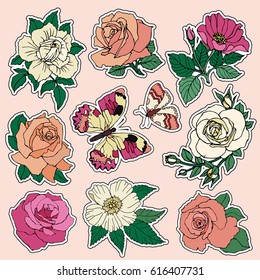 Set of roses and butterfly patches elements. Set of stickers, pins, patches and handwritten notes collection in cartoon 80s-90s comic style.Vector stikers kit