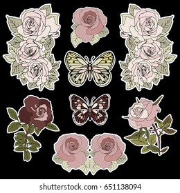 Set of roses and butterfly patches elements. Set of stickers, pins, patches and handwritten notes collection in cartoon 80s-90s comic style.Vector stikers kit