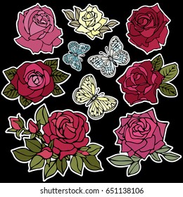 Set of roses and butterfly patches elements. Set of stickers, pins, patches and handwritten notes collection in cartoon 80s-90s comic style.Vector stikers kit