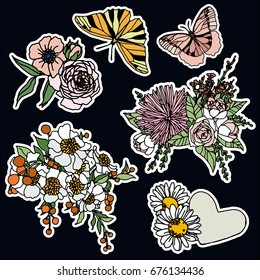 Set of roses and butterfly patches elements. Set of stickers, pins, patches and handwritten notes collection in cartoon 80s-90s comic style.Vector stikers kit