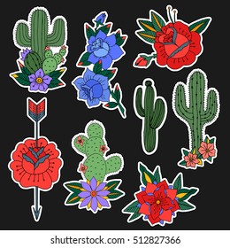 Set of roses and cactus patches elements. Set of stickers, pins, patches and handwritten notes collection in cartoon 80s-90s comic style.Vector stikers kit