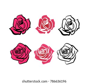 a set of roses of different shapes, contour roses and full-color roses. Roses for decoration