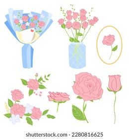 Set of Roses in Flat Design isolated on White Background. Colorful Minimal Cartoon Style Vector. Good for Decoration Invitation and Greeting Card. Pastel Roses with Bud, Green Stem, and Leaf.