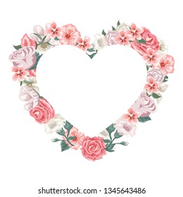 Set of roses and flowers forming a heart