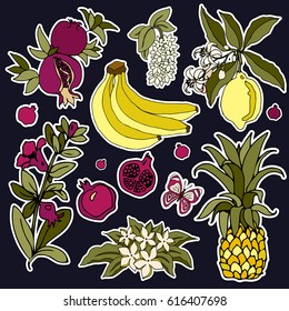 Set of roses and fruit patches elements. Set of stickers, pins, patches and handwritten notes collection in cartoon 80s-90s comic style.Vector stikers kit