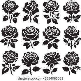 Set of roses icon silhouette vector art illustration