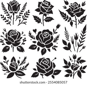 Set of roses icon silhouette vector art illustration