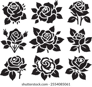 Set of roses icon silhouette vector art illustration