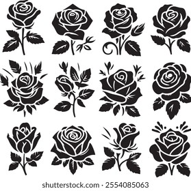 Set of roses icon silhouette vector art illustration