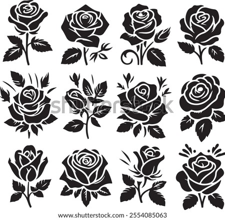 Set of roses icon silhouette vector art illustration